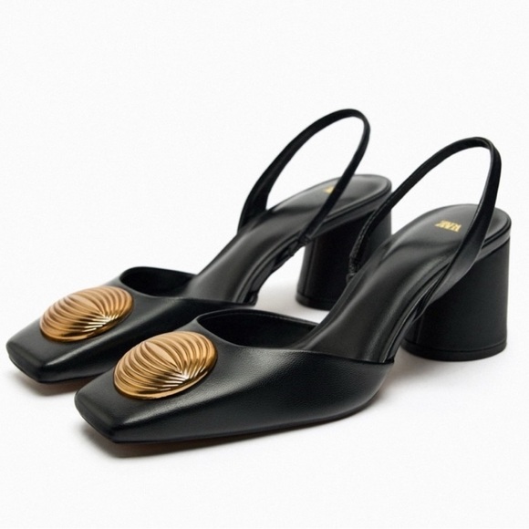 Like New Zara Black Slingback Heels with Gold Detail – Size 40 / 9.5 - Picture 3 of 10